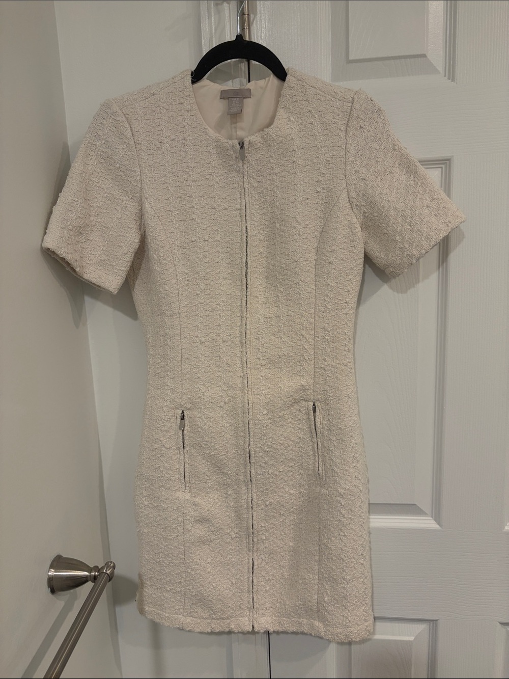 H&M Cream Tweed Short-Sleeve Zip Dress